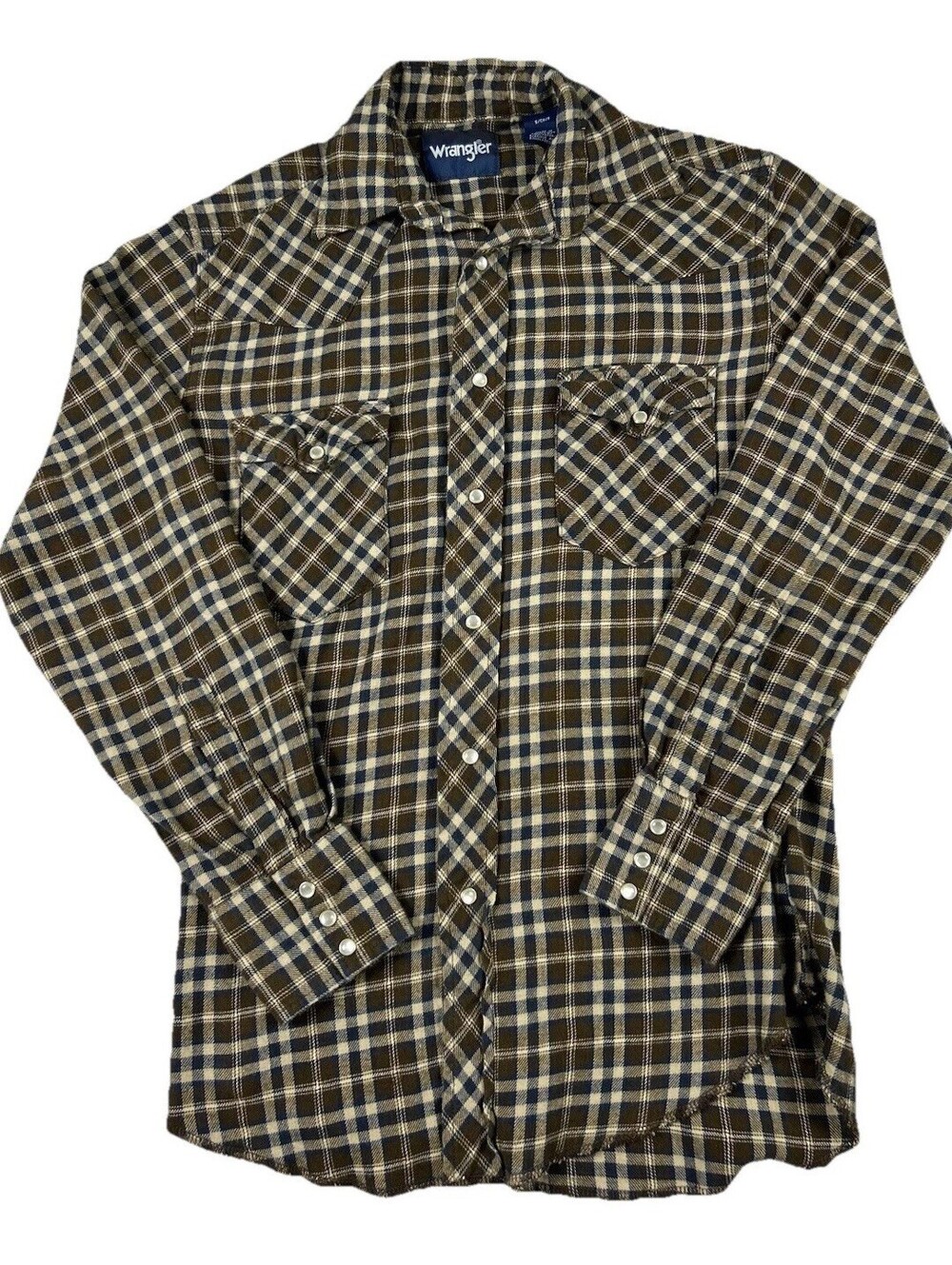 Wrangler Shirt Mens Small Flannel Pearl Snap Plaid Brown Long Sleeve Western Vtg